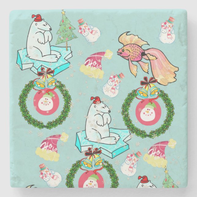 Christmas Marble Stone Coaster, Polar Bear  Stone Coaster (Front)