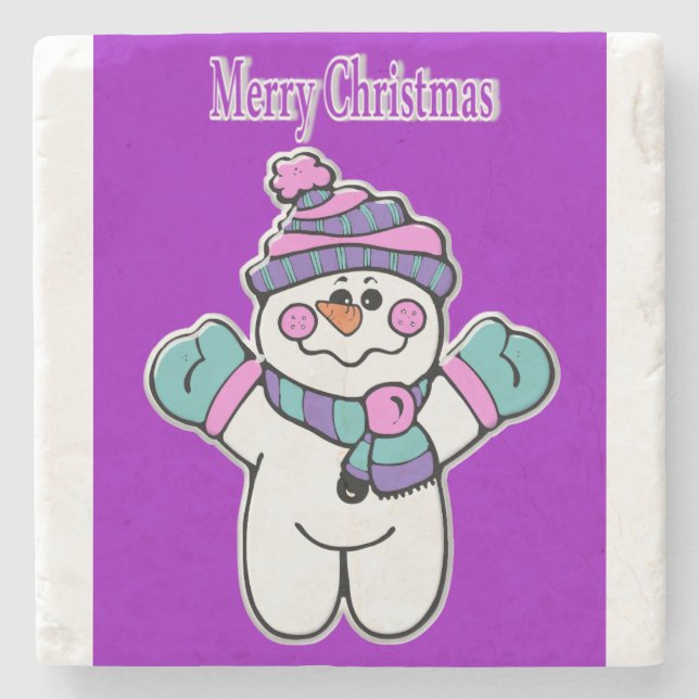 Christmas Marble Stone Coaster, Purple Snowman Stone Coaster (Front)