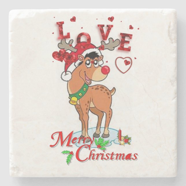 Christmas Marble Stone Coaster, Reindeer Coaster (Front)