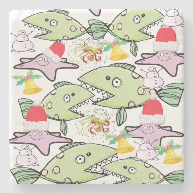 Christmas Marble Stone Coaster, Shark Fish Snowman Coaster (Front)