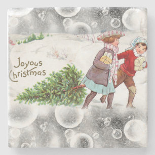 Christmas Marble Stone Coaster, Vintage Stone Coaster