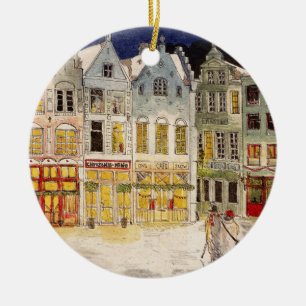 Christmas Market Belgium Retro-inspired Watercolor Ceramic Ornament