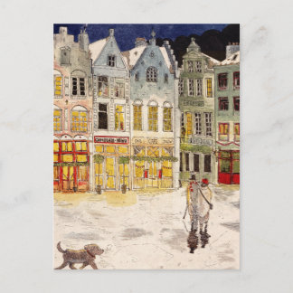 Christmas Market Belgium Retro-inspired Watercolor Postcard