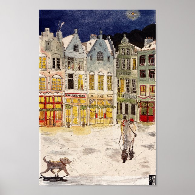 Christmas Market Belgium Retro-inspired Watercolor Poster (Front)