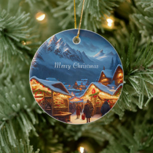 Christmas market in the mountains - custom ceramic ornament