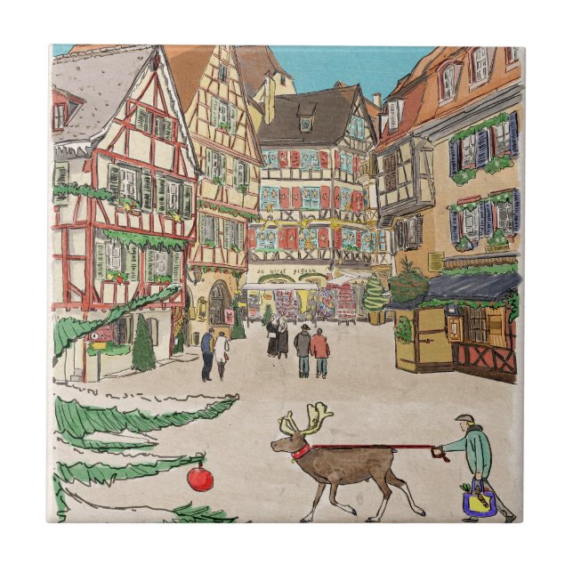 Christmas Market Strasbourg France Retro-inspired Ceramic Tile (Front)