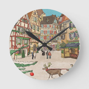 Christmas Market Strasbourg France Retro-inspired Round Clock