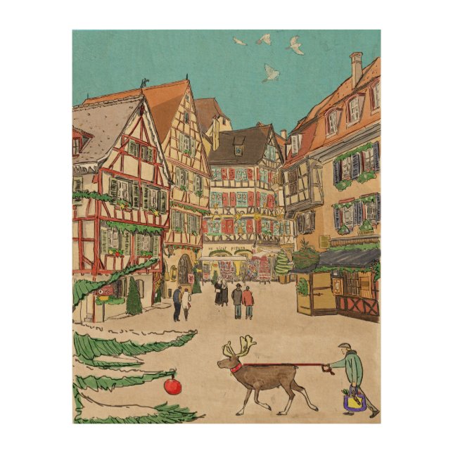 Christmas Market Strasbourg France Retro-inspired Wood Wall Art (Front)