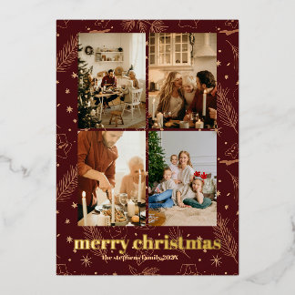 Christmas Maroon Foil Pine and Star Print Invitation