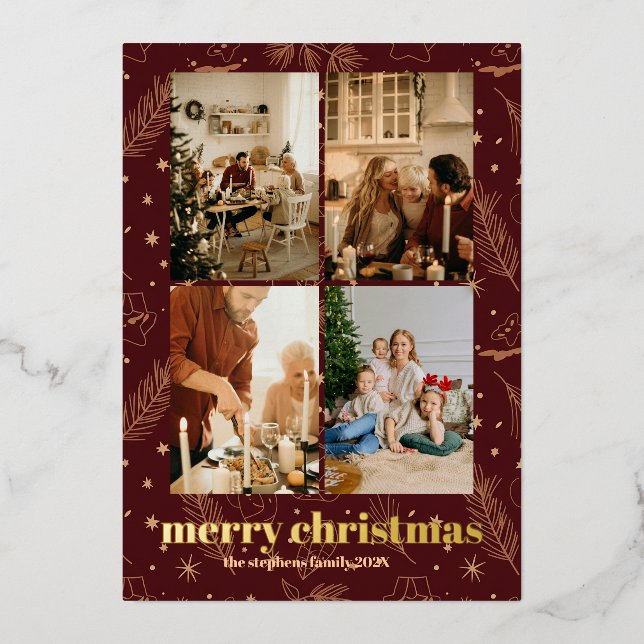 Christmas Maroon Foil Pine and Star Print Invitation (Front)