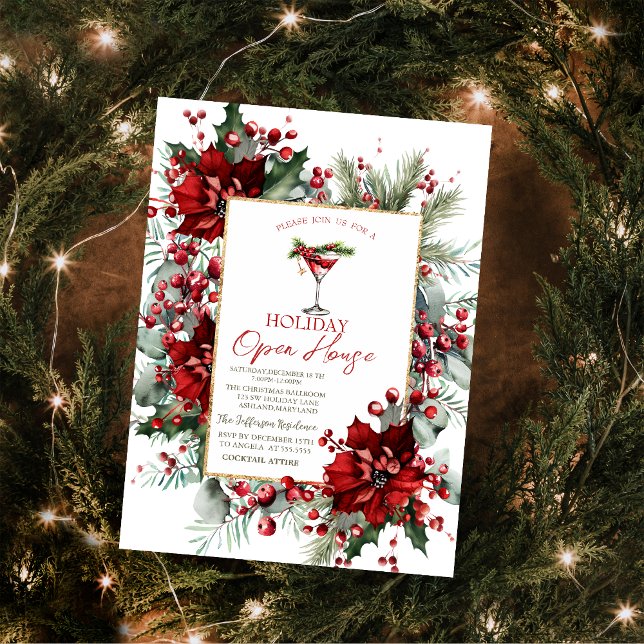 Christmas Martini Poinsettia Holiday Open House Invitation (Creator Uploaded)