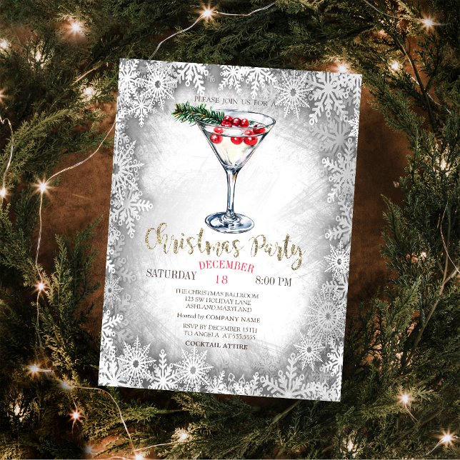 Christmas Martini Snowflakes Gray Christmas Invitation (Creator Uploaded)