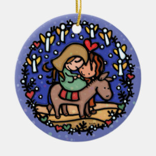 Christmas Mary Joseph Angels Rejoicing BLUE Ceramic Ornament