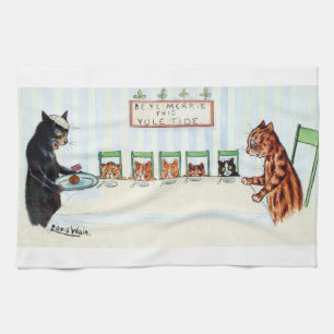 Christmas meal, Louis Wain Kitchen Towel