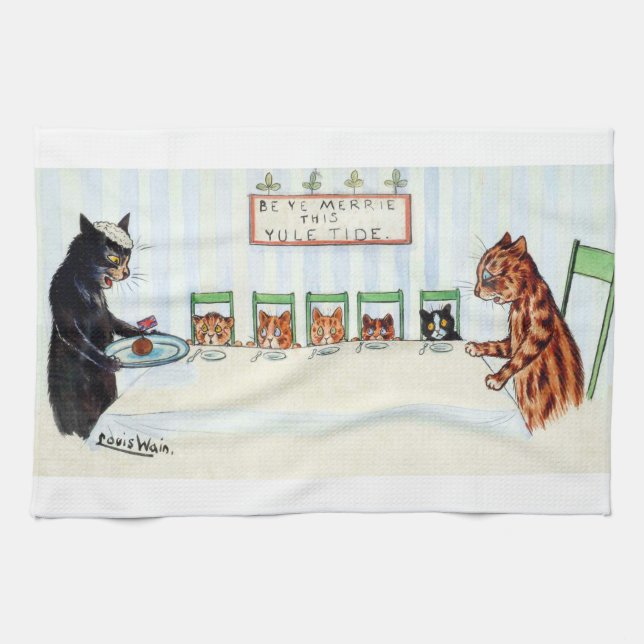 Christmas meal, Louis Wain Kitchen Towel (Horizontal)
