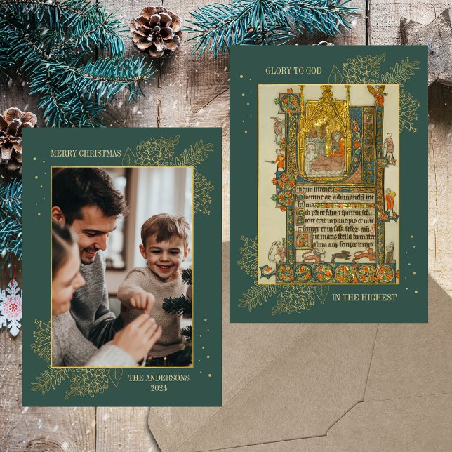 Christmas Medieval Christian Catholic Gold Photo Holiday Card (Christmas Medieval Manuscript Christian Catholic Nativity Scene Gold Family Photo Holiday Card)