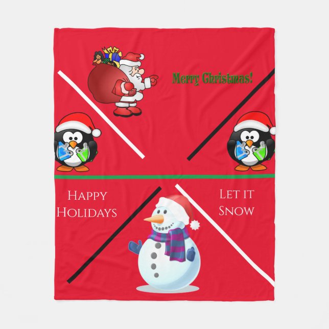 Christmas medium fleece blanket in red. (Front)