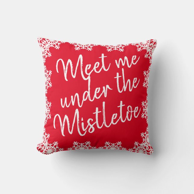 Christmas Meet Me Under the Mistletoe Red White Throw Pillow (Front)