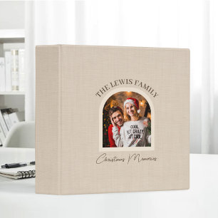 Christmas Memories Custom Family Name Beige Linen 3 Ring Binder