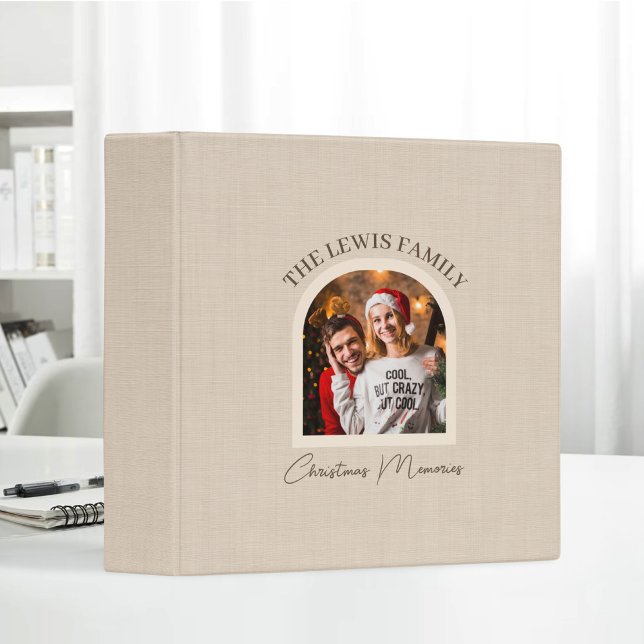 Christmas Memories Custom Family Name Beige Linen 3 Ring Binder (Creator Uploaded)