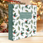 Christmas Memories Watercolor Holly Pattern 3 Ring Binder<br><div class="desc">Keep your holiday photos and memorabilia organized with this cozy Christmas Memories binder. The cover design features a winter watercolor pattern of green holly leaves and sprigs with red berries. Customize the cover and spine with the text of your choice in white on a blue-green background.</div>