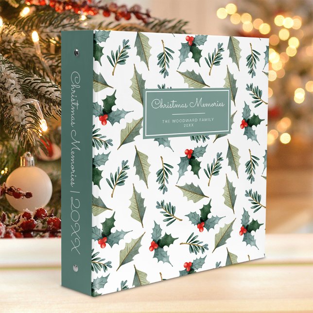 Christmas Memories Watercolor Holly Pattern 3 Ring Binder (Creator Uploaded)