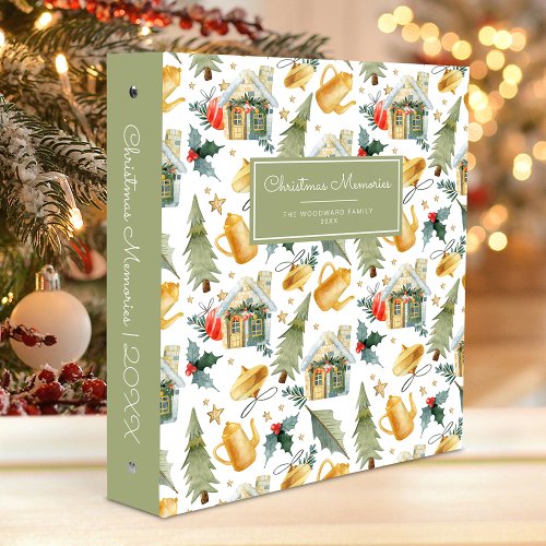 Christmas Memories Winter Watercolor Pattern Green 3 Ring Binder