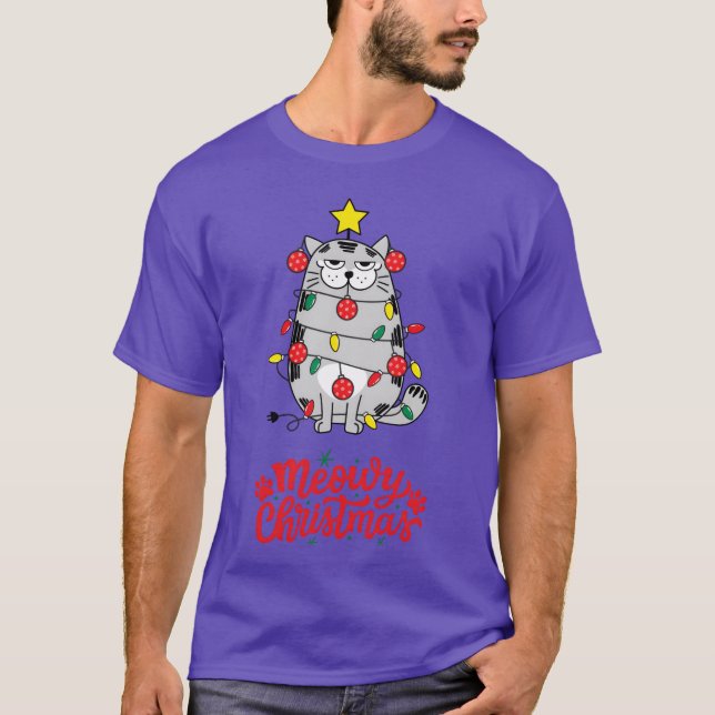 Christmas Meowy Christmas Funny Cat T-Shirt (Front)