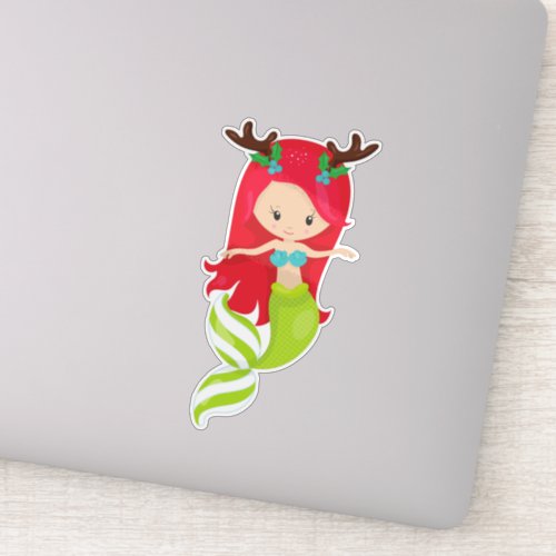 Christmas Mermaid Antlers Mistletoe Xmas Sticker