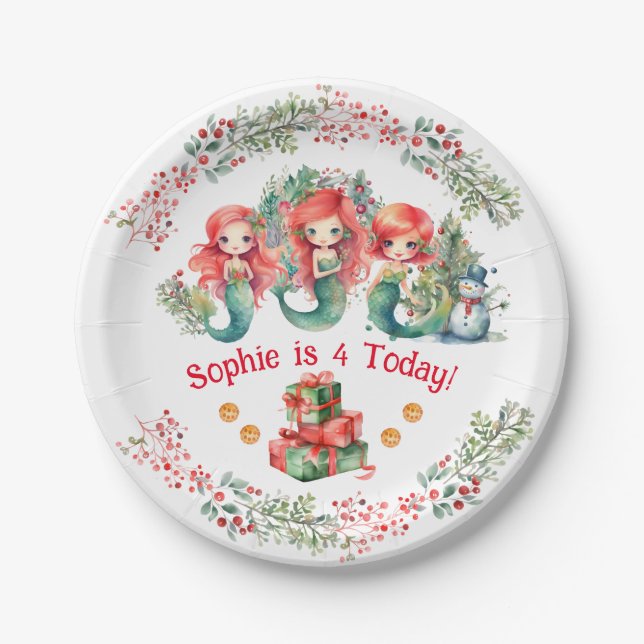 Christmas Mermaid Birthday Paper Plate (Front)