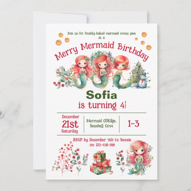 Christmas Mermaid Birthday Party Invitation (Front)