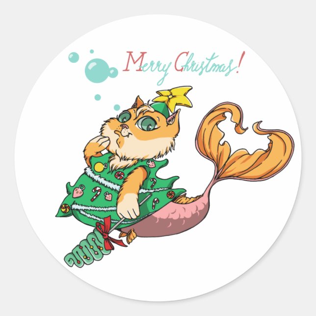 Christmas Mermaid Cat Classic Round Sticker (Front)