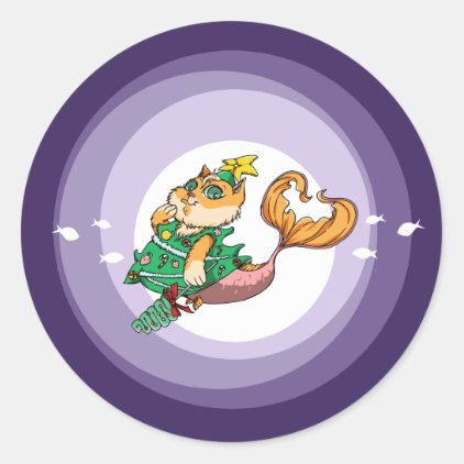 Christmas Mermaid Cat Classic Round Sticker