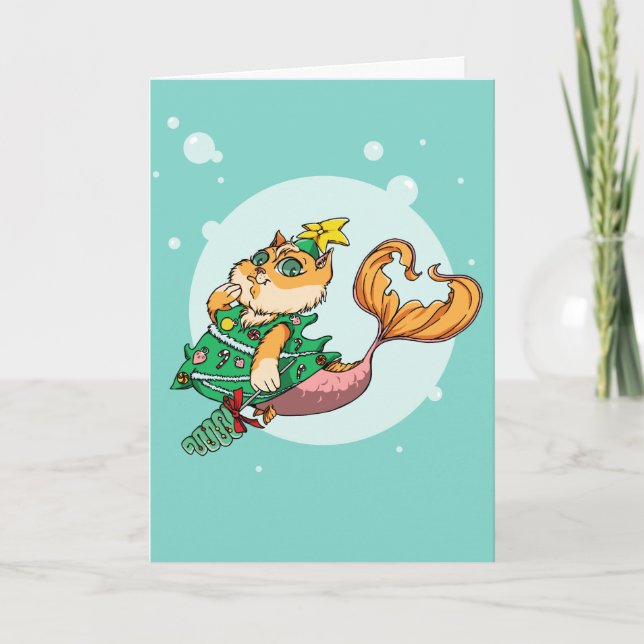 Christmas Mermaid Cat Holiday Card (Front)