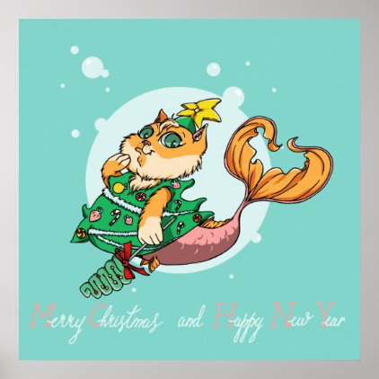 Christmas Mermaid Cat Poster