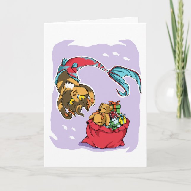 Christmas Mermaid Cat With Santa Sack Holiday Card (Front)