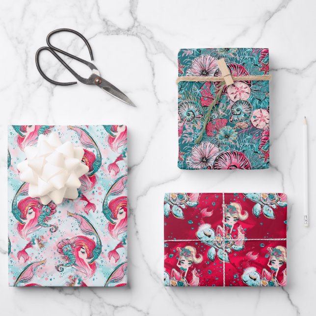 Christmas Mermaid & Friends Wrapping Paper Sheets (Front)