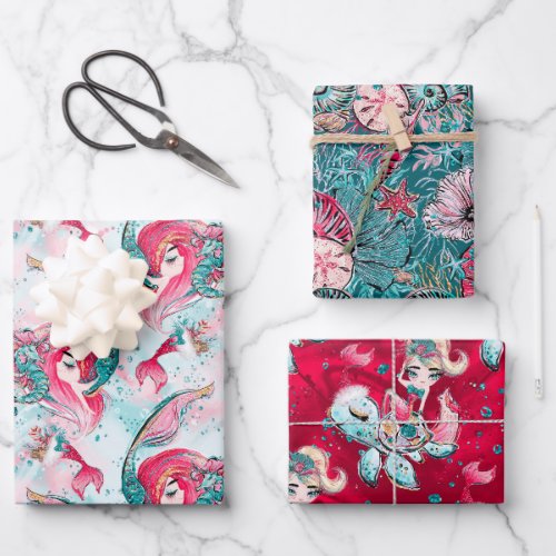 Christmas Mermaid  Friends Wrapping Paper Sheets