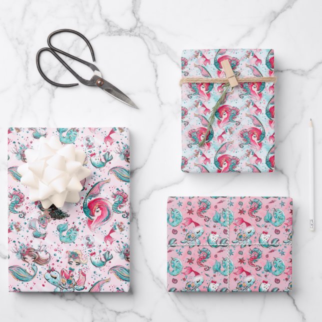Christmas Mermaid & Friends  Wrapping Paper Sheets (Front)