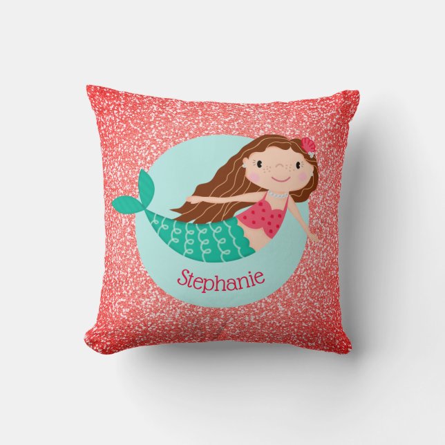 Christmas Mermaid Glitter Red Personalized Throw Pillow (Front)