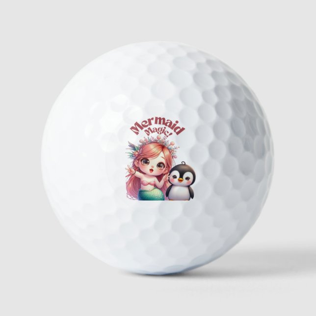 Christmas Mermaid Magic Card with Penguin Fun Golf Balls (Front)