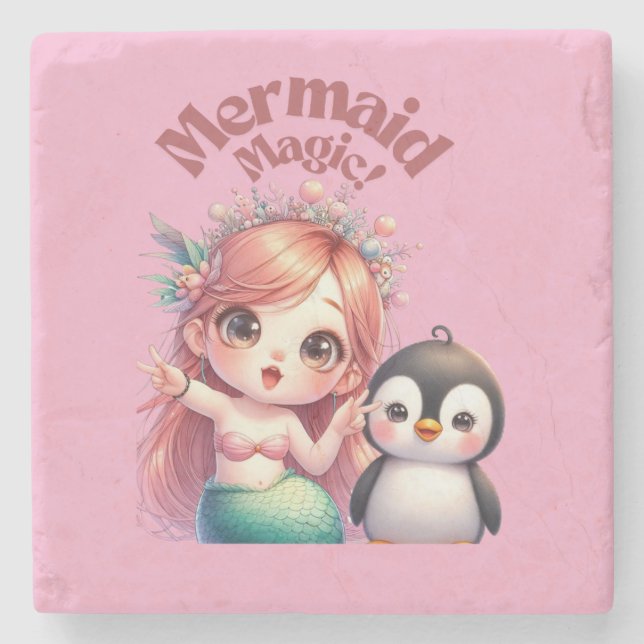 Christmas Mermaid Magic Card with Penguin Fun Stone Coaster (Front)