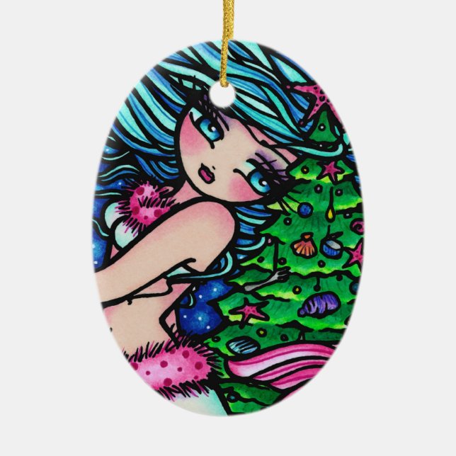 Christmas Mermaid Merry Mindy Art by Hannah Lynn Ceramic Ornament (Front)