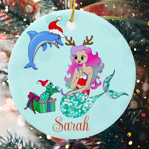 Christmas Mermaid Opening Up Gifts Name Ceramic Ornament