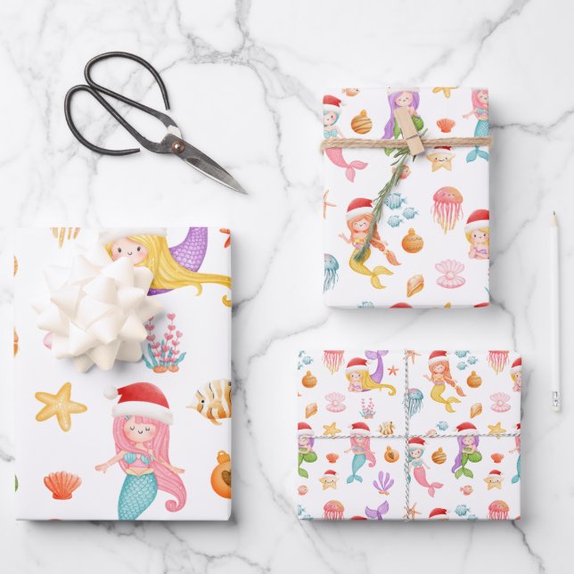 Christmas Mermaid Pattern Wrapping Paper Sheets (Front)