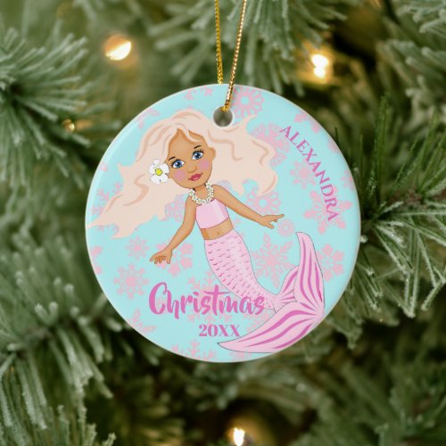 Christmas Mermaid Pink Snowflakes Photo Ceramic Ornament