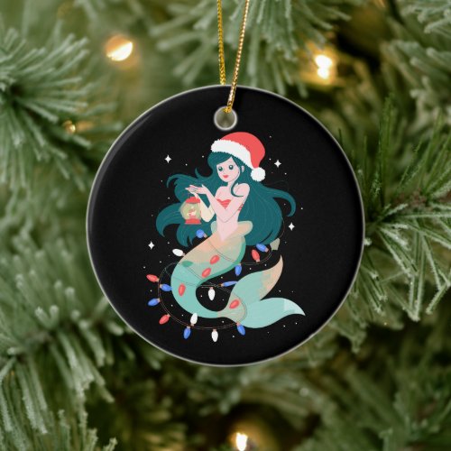 Christmas Mermaid Santa Hat Lantern Lights Xmas Ceramic Ornament