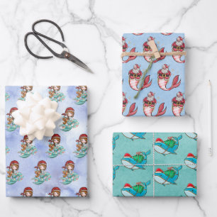 Christmas Mermaid Santa Whale Watercolor Wrapping Paper Sheets