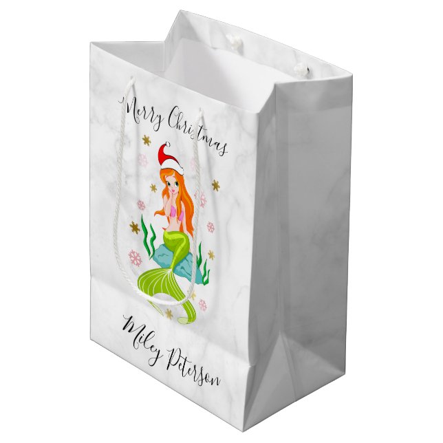 Christmas mermaid & snowflakes gold personalized medium gift bag (Front Angled)