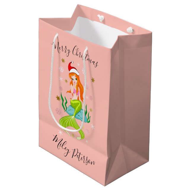 Christmas mermaid & snowflakes gold personalized medium gift bag (Front Angled)